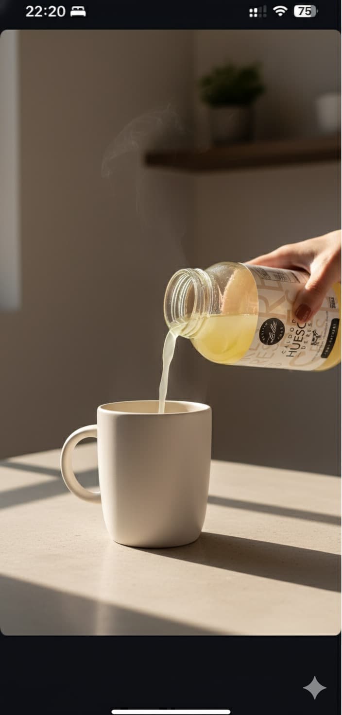 Caldo de huesos Lotta siendo servido en una taza